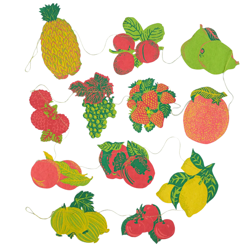 A garland of stylized fruit illustrations, including pineapple, strawberries, raspberries, grapes, plums, peaches, lemons,