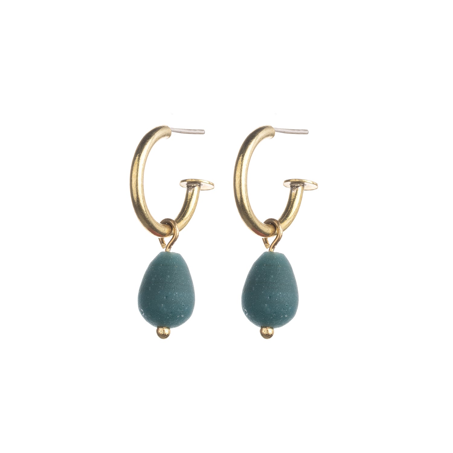Pair of gold hoop earrings, each with a teardrop-shaped dark teal stone pendant.