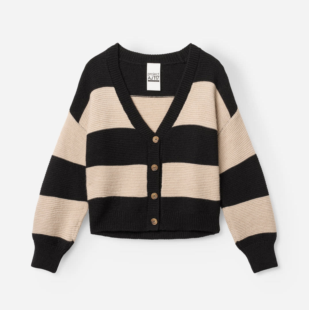 Black and beige striped cardigan on a white background