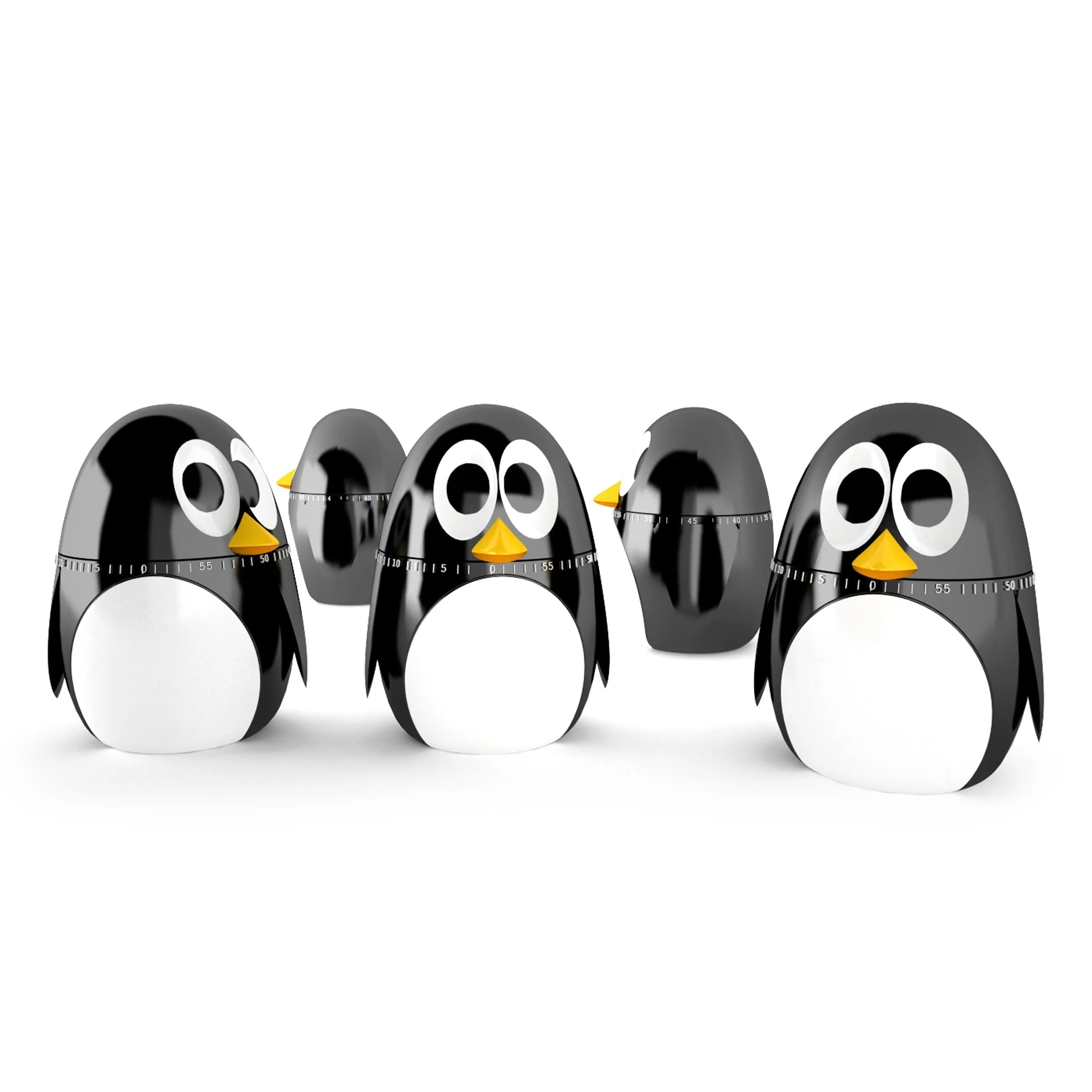 Group of black penguin-shaped kitchen timers with white bellies and yellow beaks.