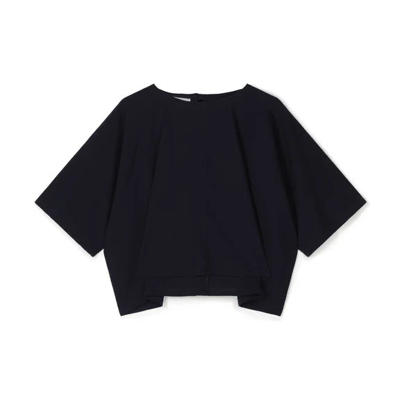 Dark navy blue boxy short-sleeved top with a round neckline and slightly curved hem.