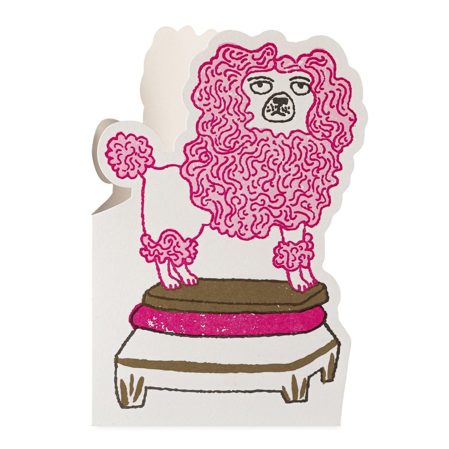 Greeting card featuring a pink poodle with elaborate curls sitting on a small, ornate stool.
