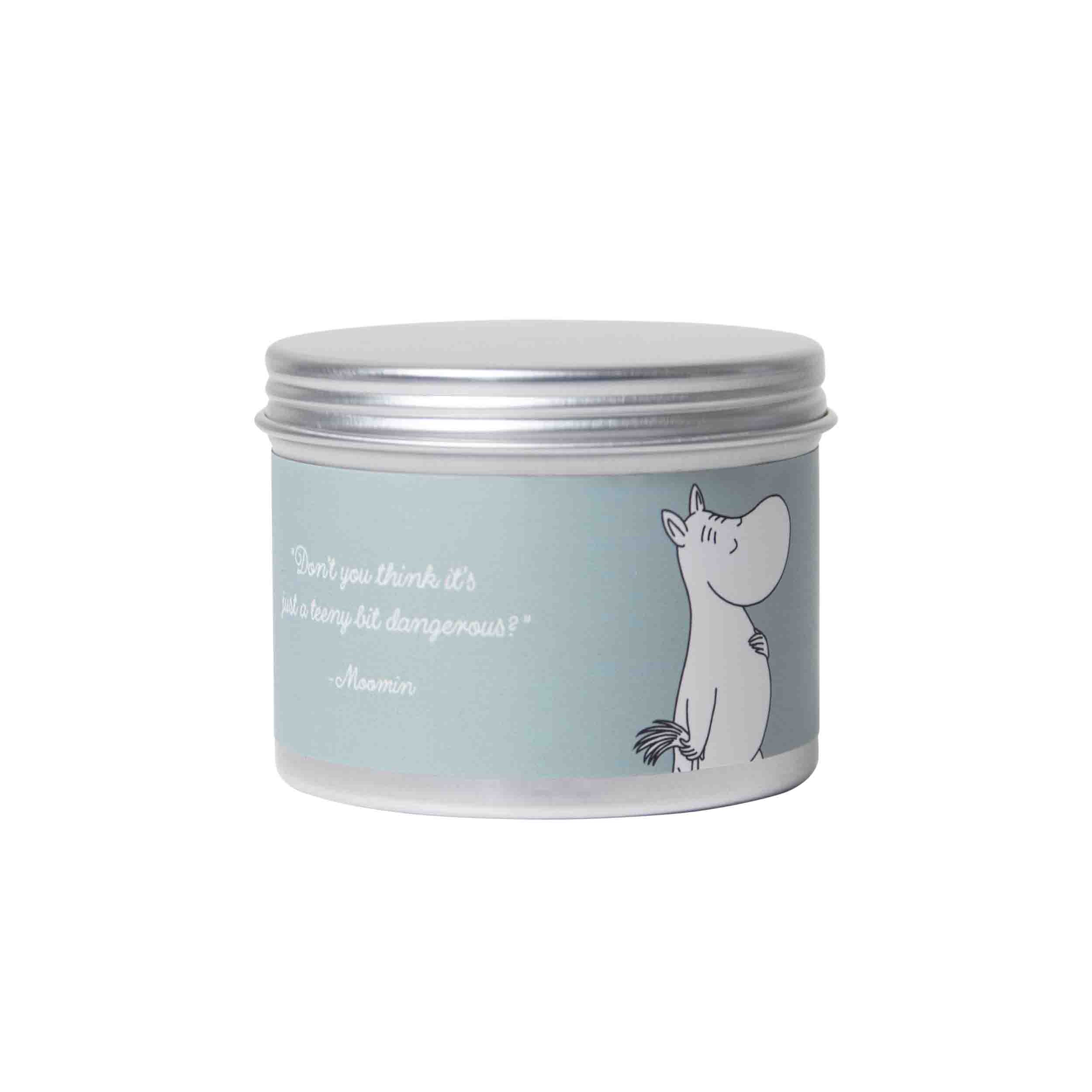 Silver tin with light blue label featuring Moomin character illustration and quote: "Don't you think it's just a teeny bit
