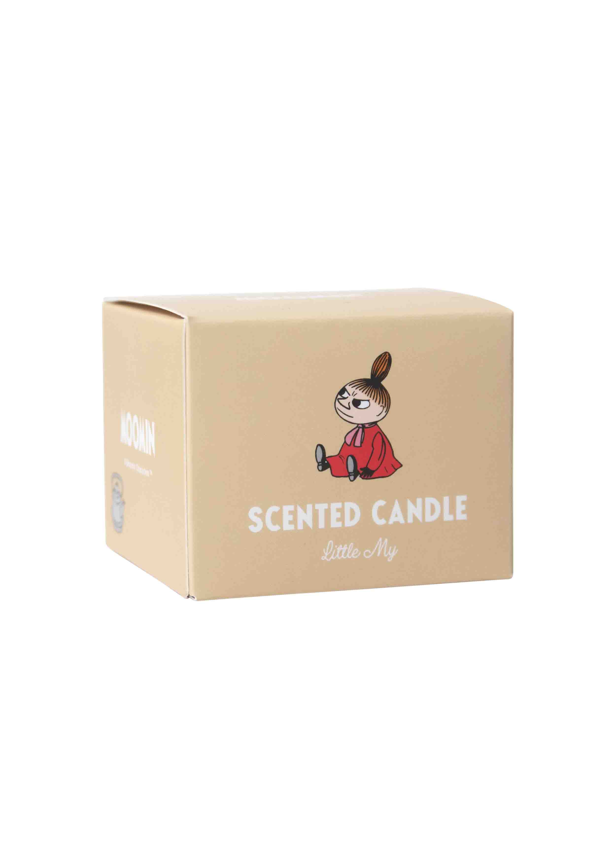 Beige box of Moomin Little My scented candle.  Illustration of Little My in a red dress on the box.