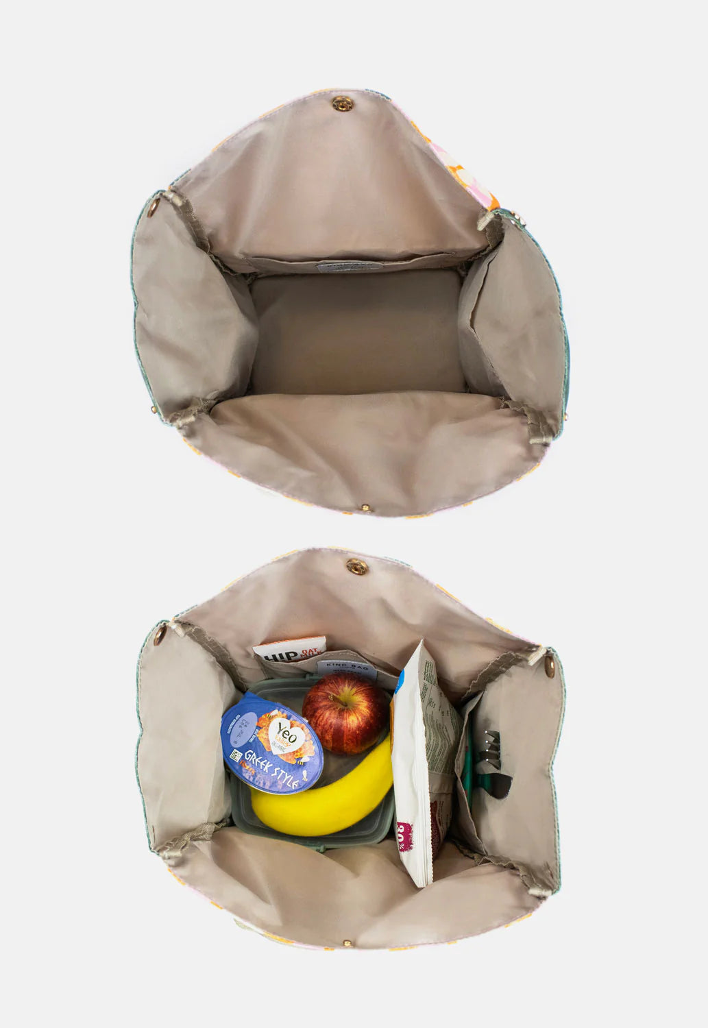 Multi-compartment tote bag with floral print, shown empty and filled with food and utensils.
