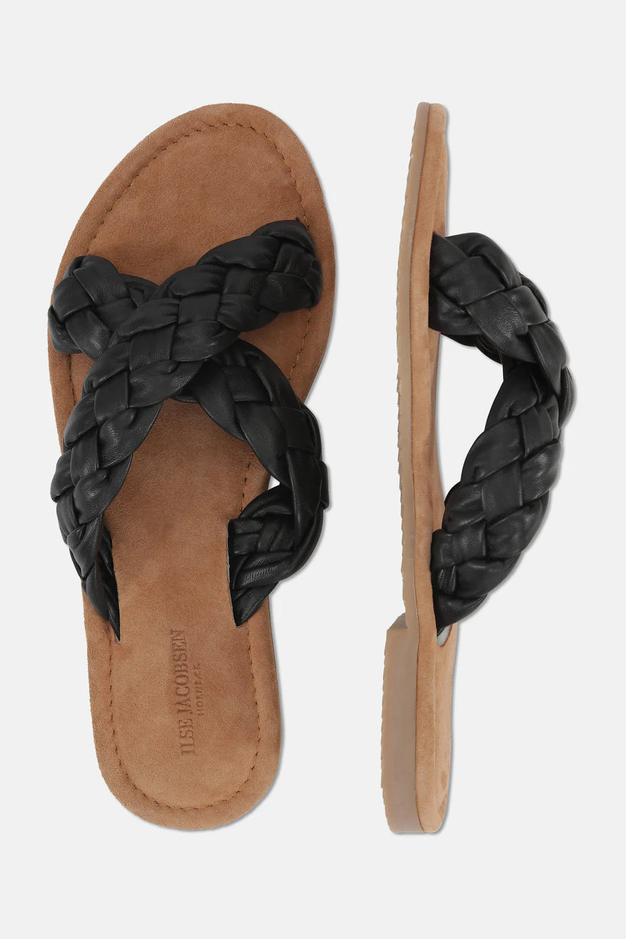 TIlse Jacobsen Hornbæk black braided leather sandals; tan suede insole; top-down view.