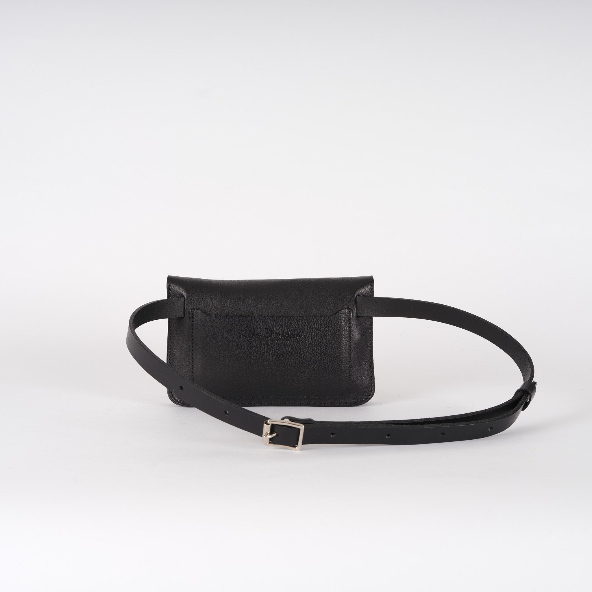 Black leather belt bag with adjustable strap and subtle embossed branding.