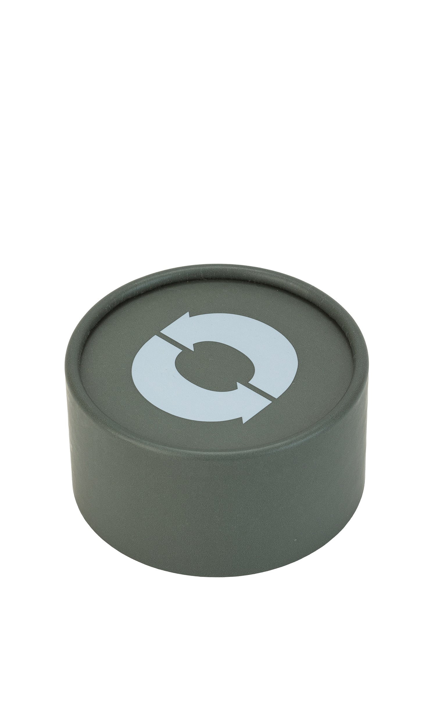 Dark gray cylindrical container with a light gray recycling symbol on top.
