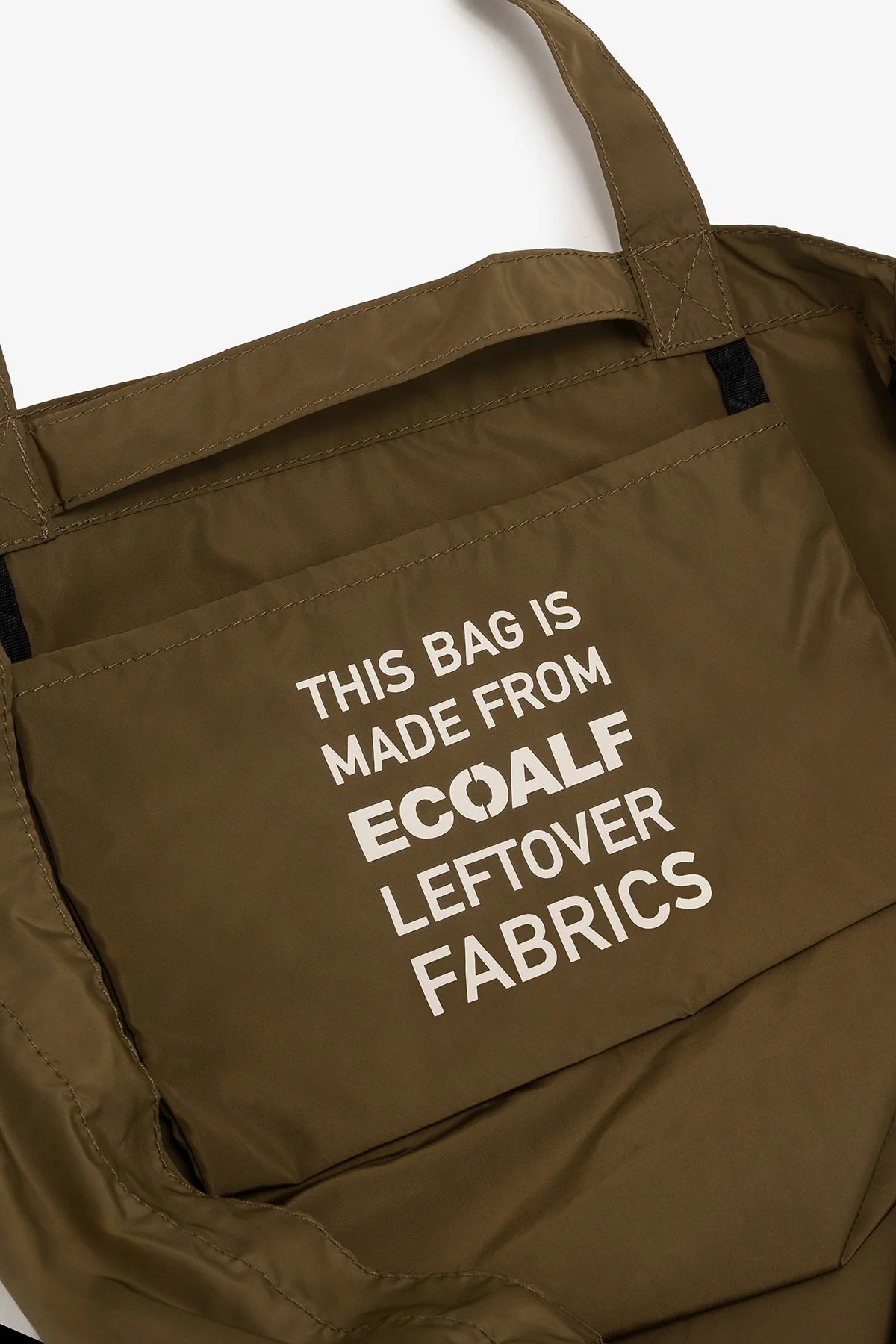 Olive green tote bag made from Ecoalf leftover fabrics.