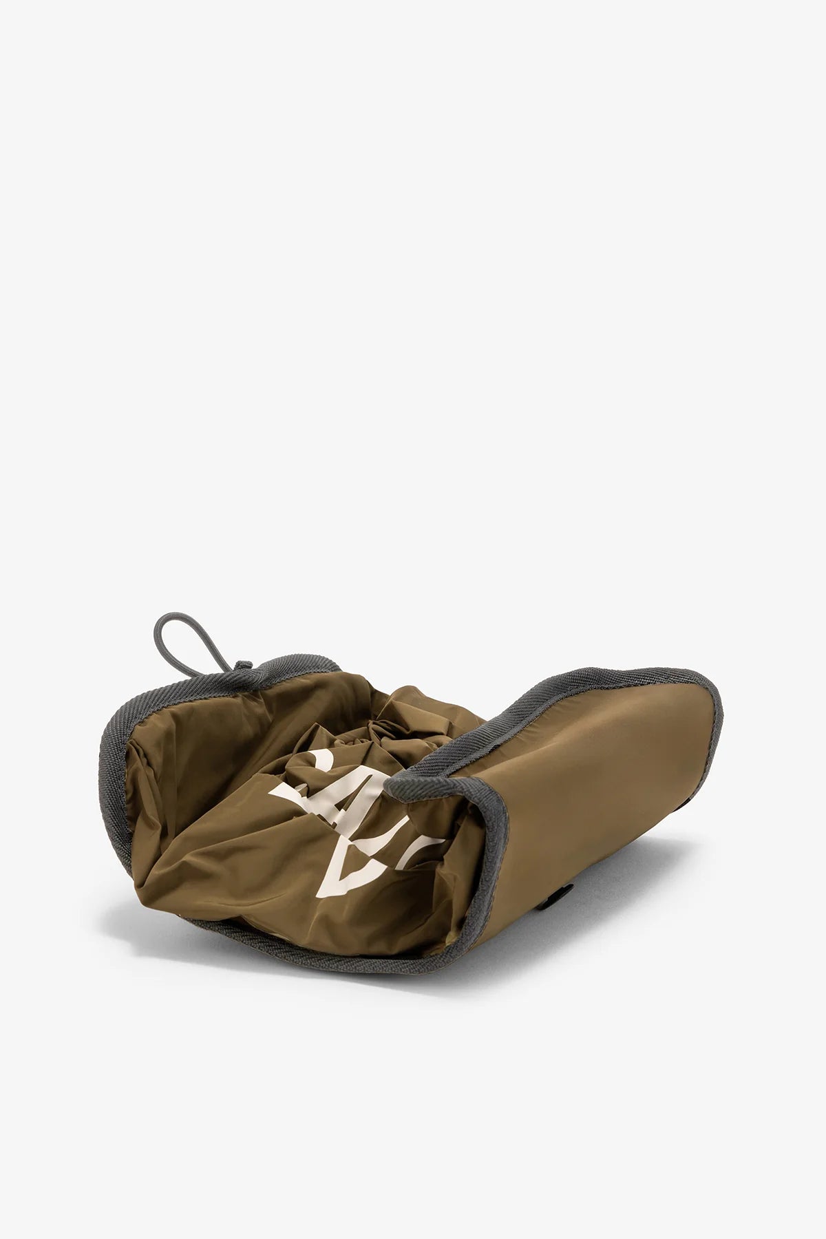Olive green foldable shopping bag with gray trim and white logo.