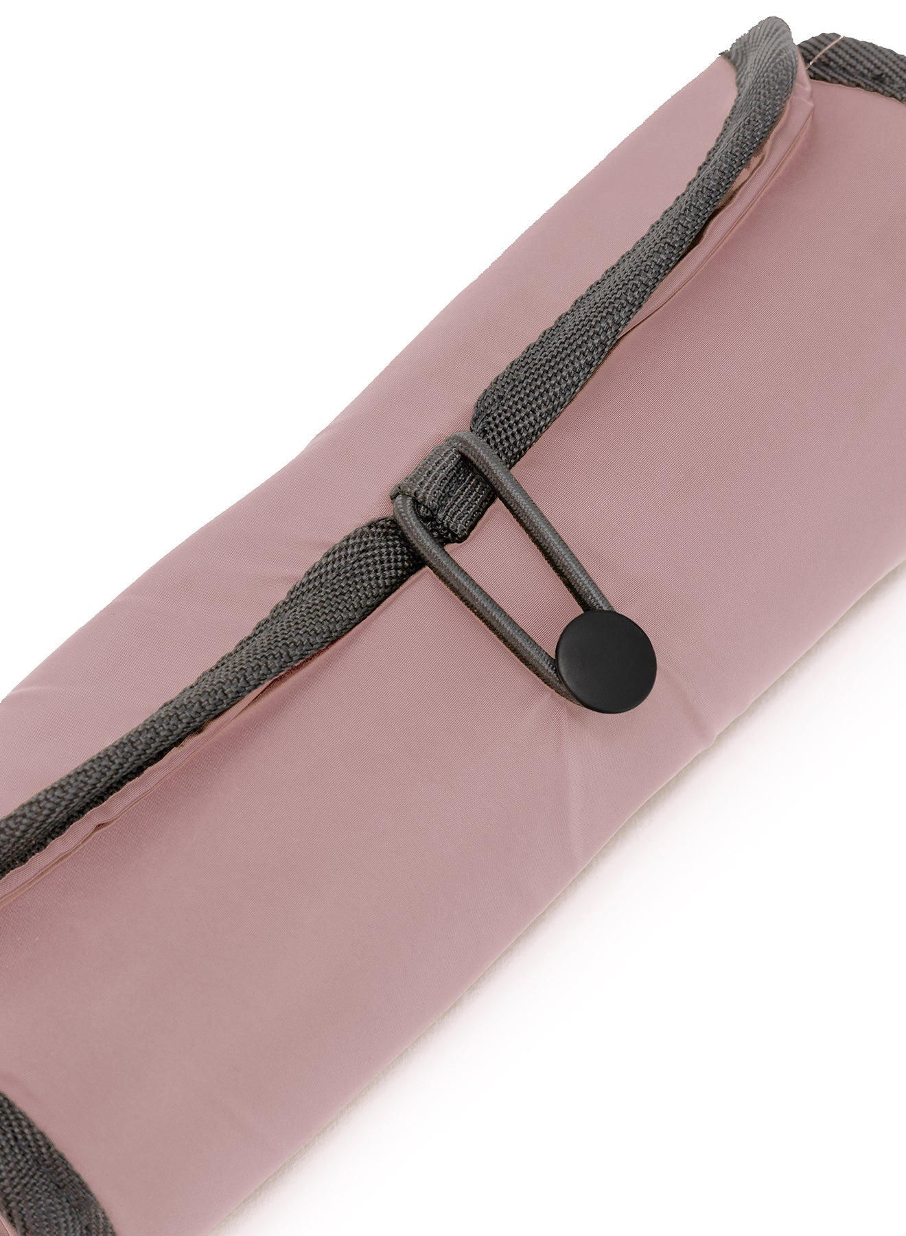 Dusty rose fabric roll-up pouch with gray drawstring closure and black button.