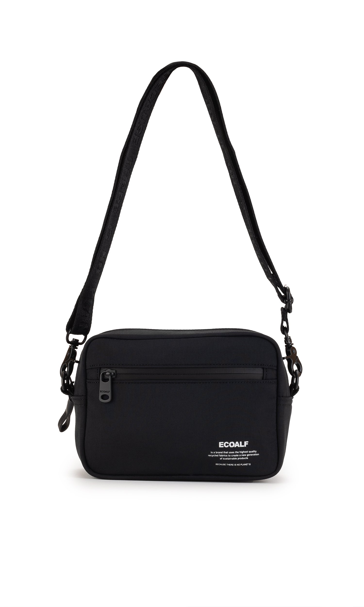 Black rectangular crossbody bag with adjustable strap and zipper closure. The bag features the ECOALF logo.