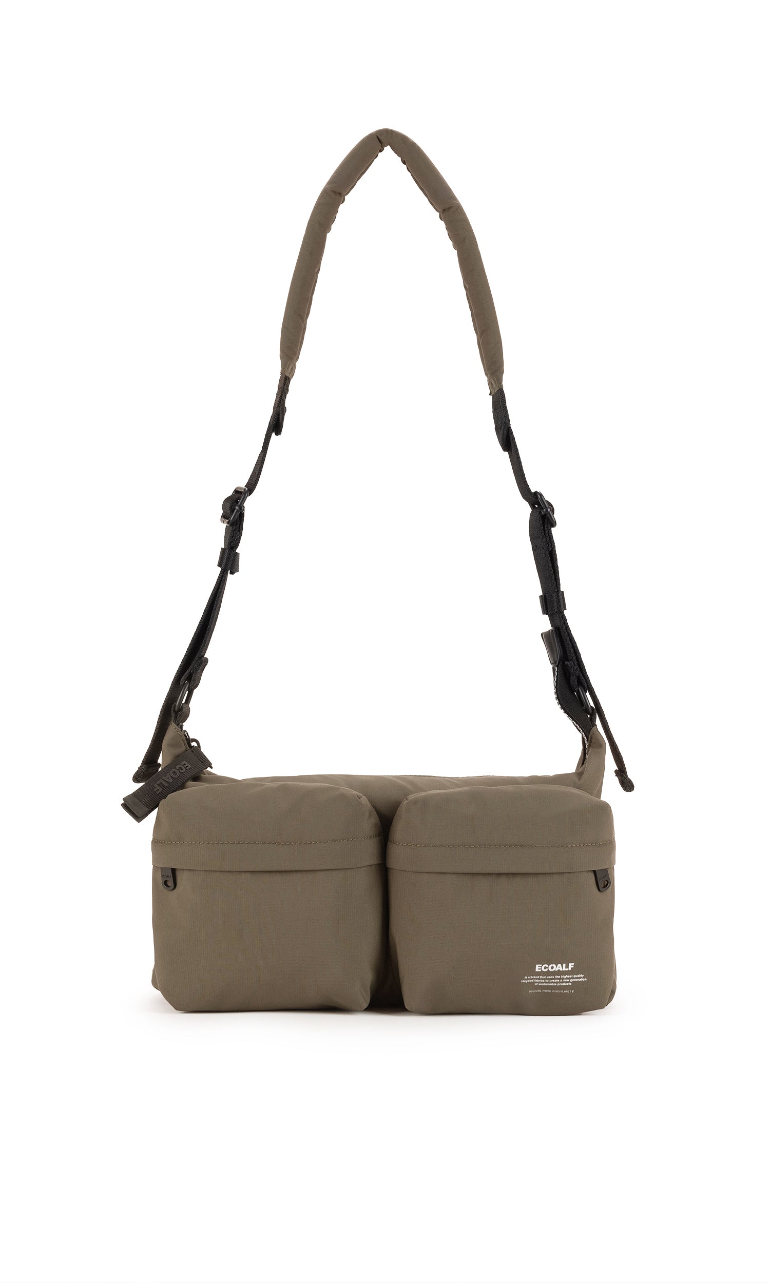 Olive green Ecoalf crossbody bag with two front pockets and adjustable shoulder strap.