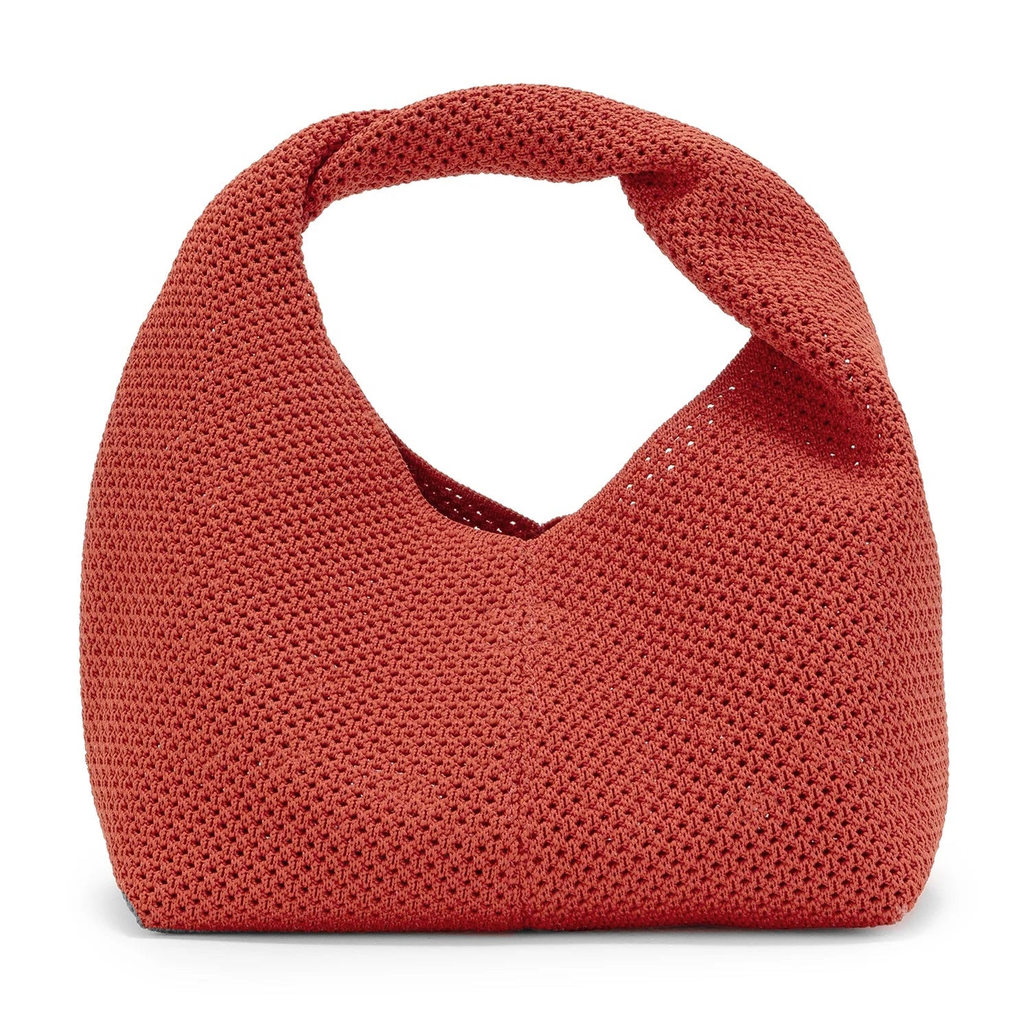 Red crocheted hobo bag with a textured, open-weave pattern.