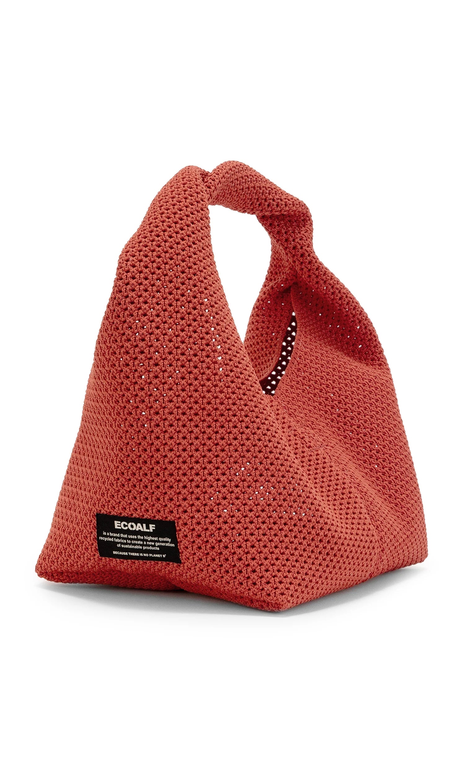 Red crocheted tote bag with a knotted handle and small ECOALF label.