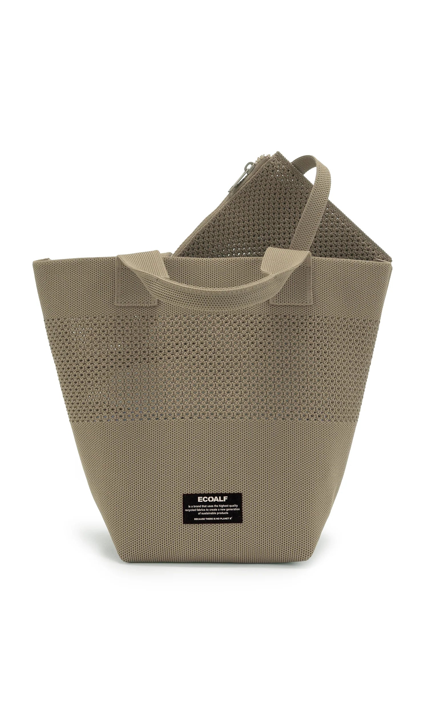 Beige knitted tote bag and matching zipper pouch. The bag has short handles and a textured, open-weave design.