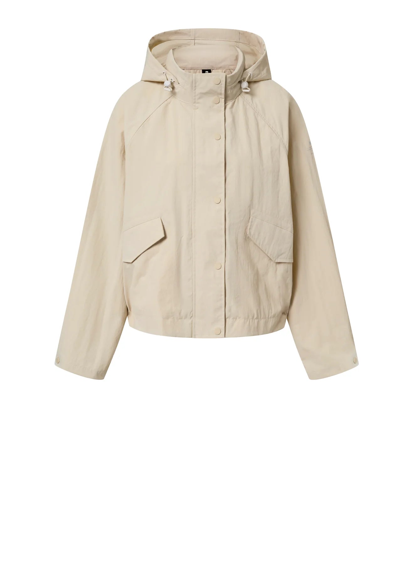Beige hooded jacket with snap button closure, long sleeves, and patch pockets.