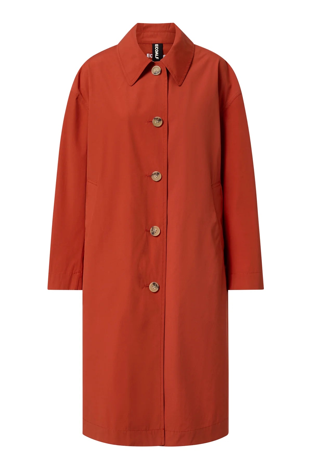 Burnt orange, long-sleeved button-front coat.