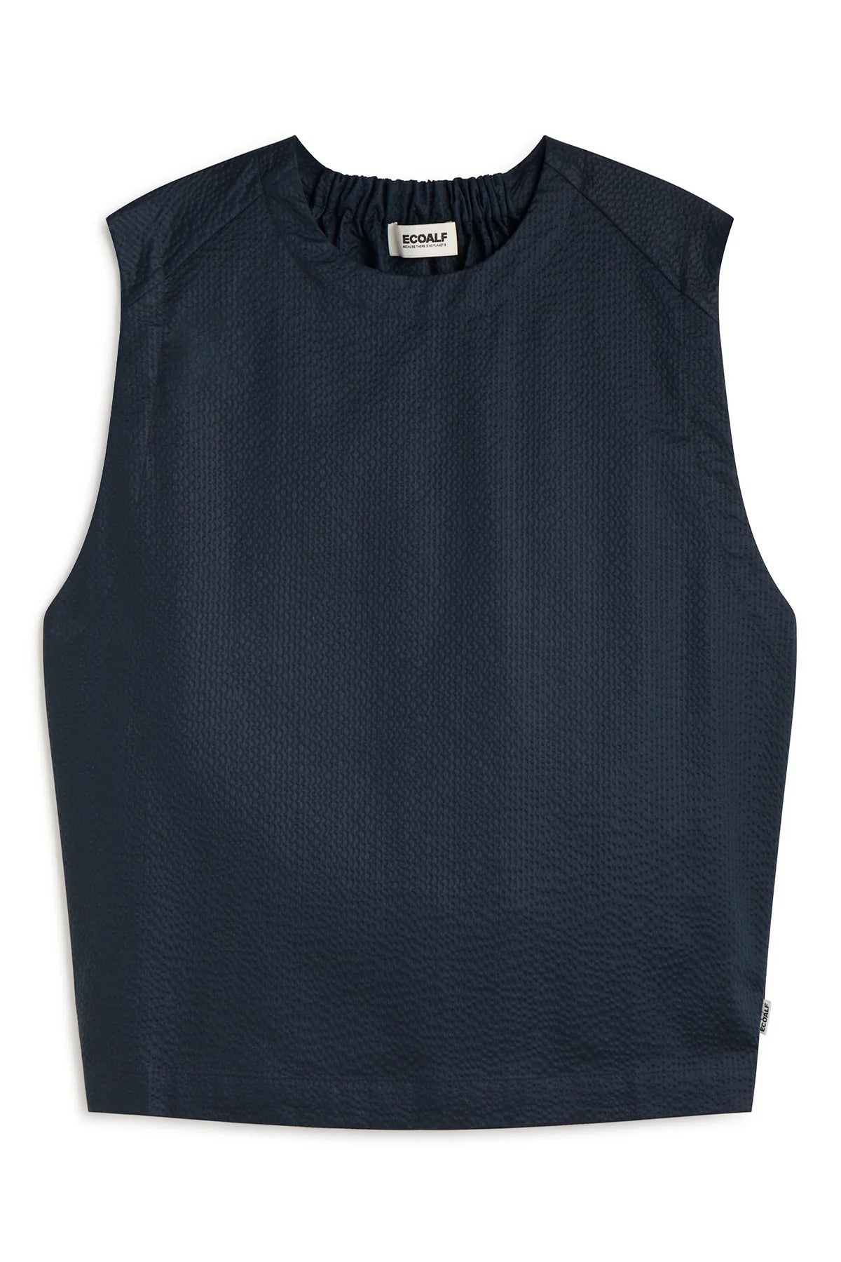 Navy blue sleeveless cropped top with textured fabric and a round neckline.