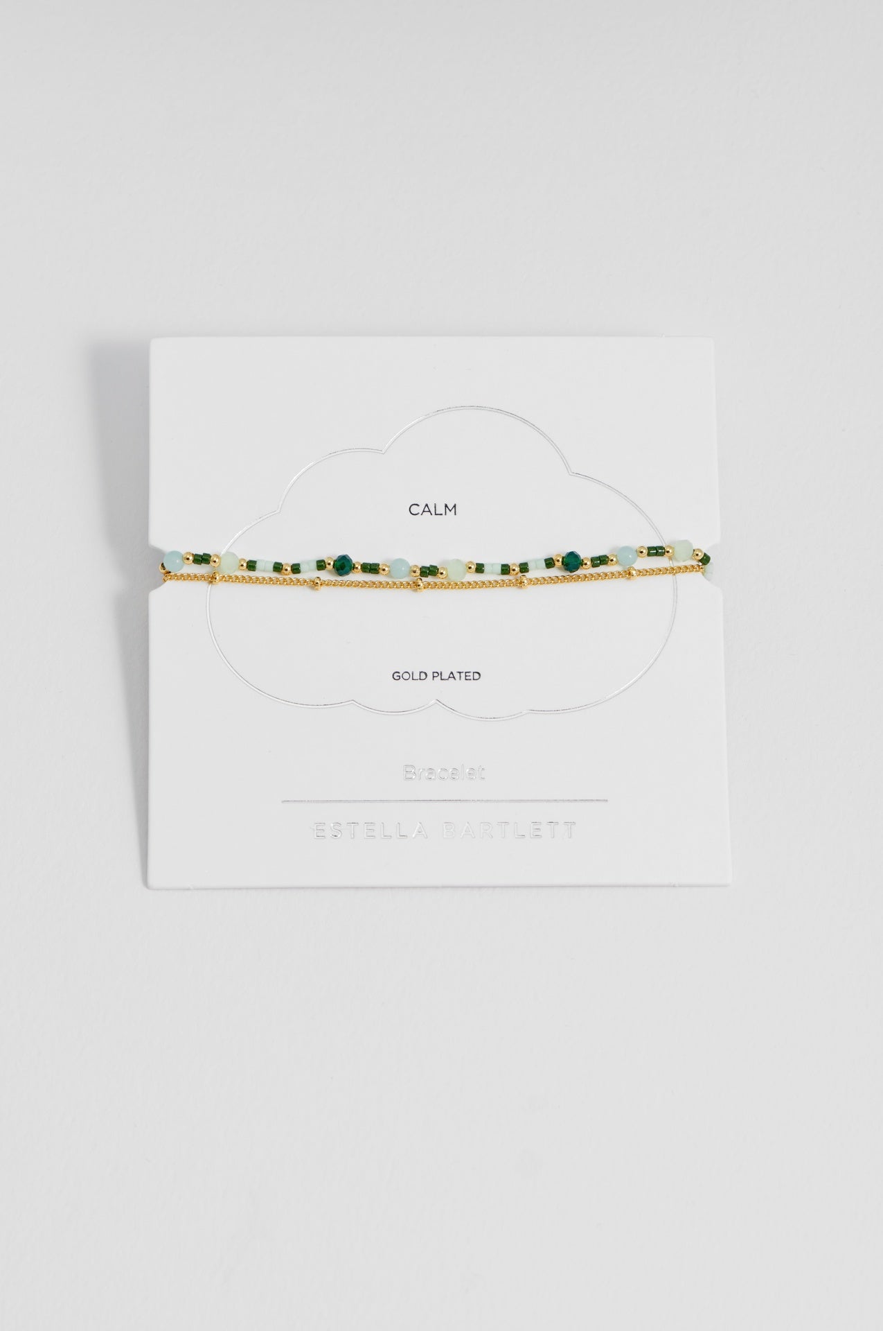 Gold-plated double bracelet featuring light blue and dark green beads.