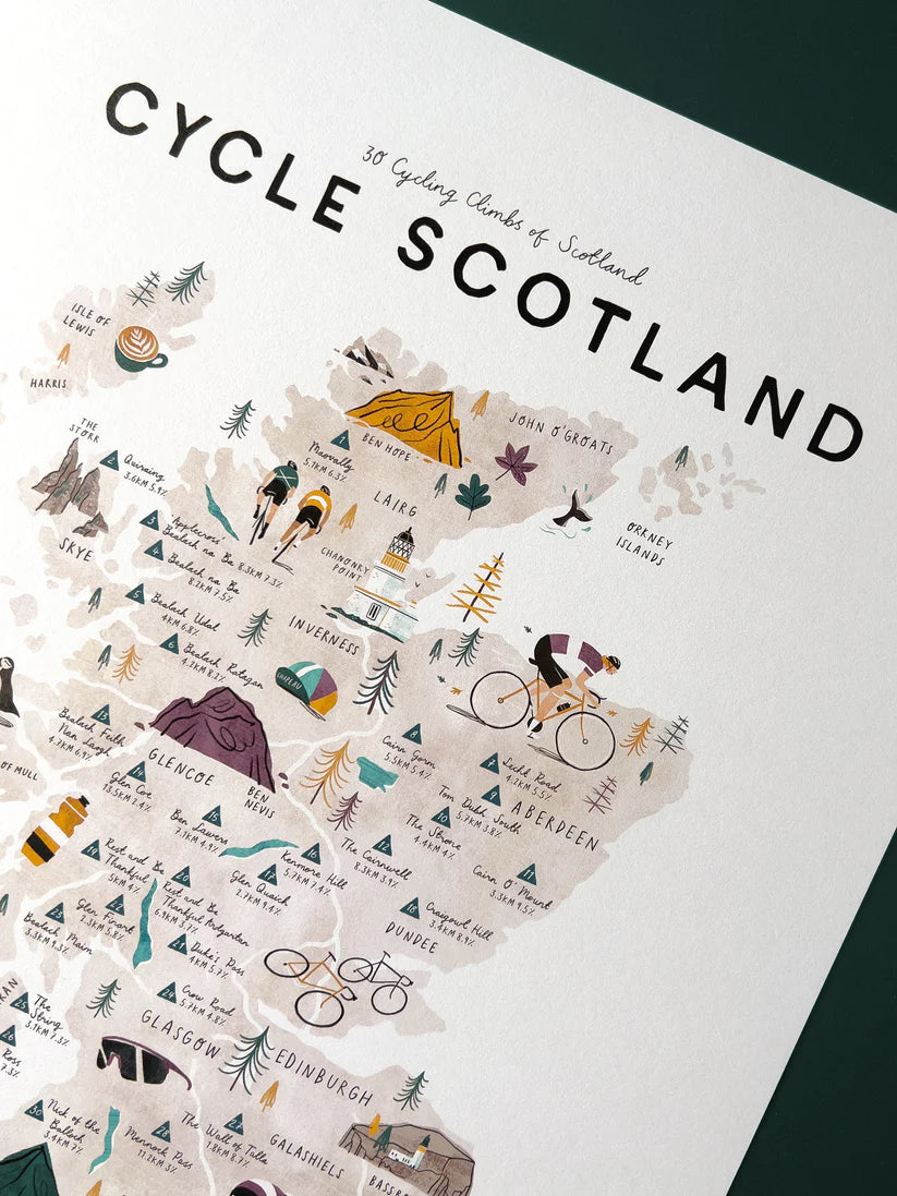 Illustrated map of Scotland highlighting 30 cycling climbs;  depicts routes, elevation data, and cyclist illustrations.