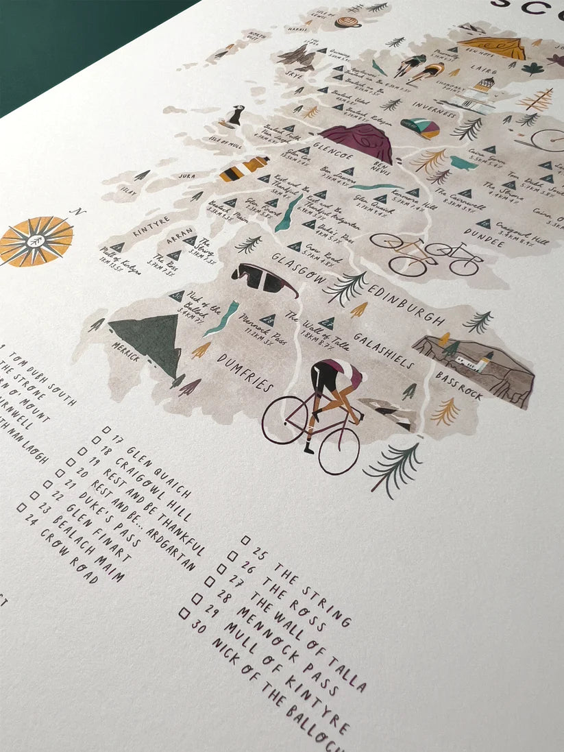 Illustrated cycling map of Scotland, showing routes and elevation profiles.