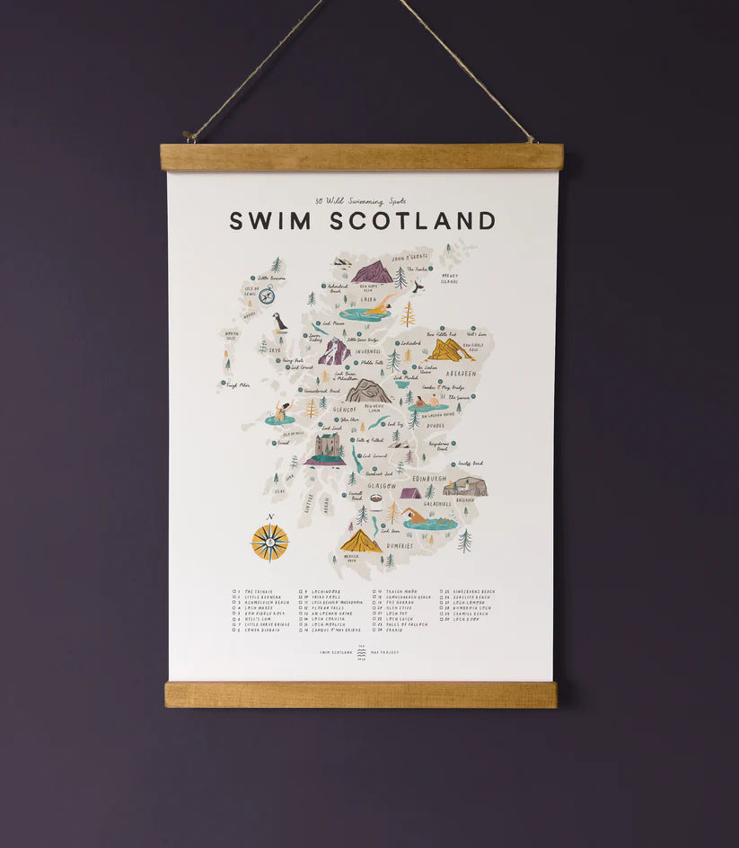 Illustrated map of Scotland highlighting 30 wild swimming spots, presented as a hanging poster.