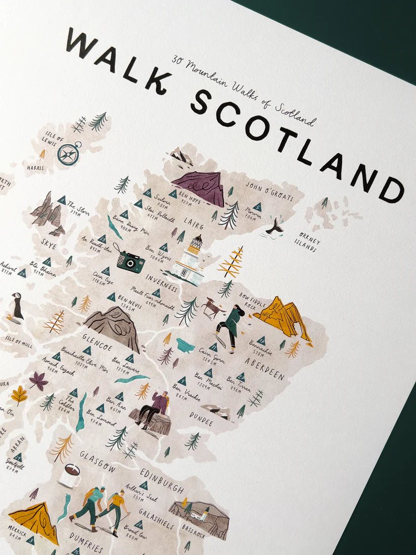 Illustrated map of Scotland highlighting 30 mountain walks, showing locations and peak heights.