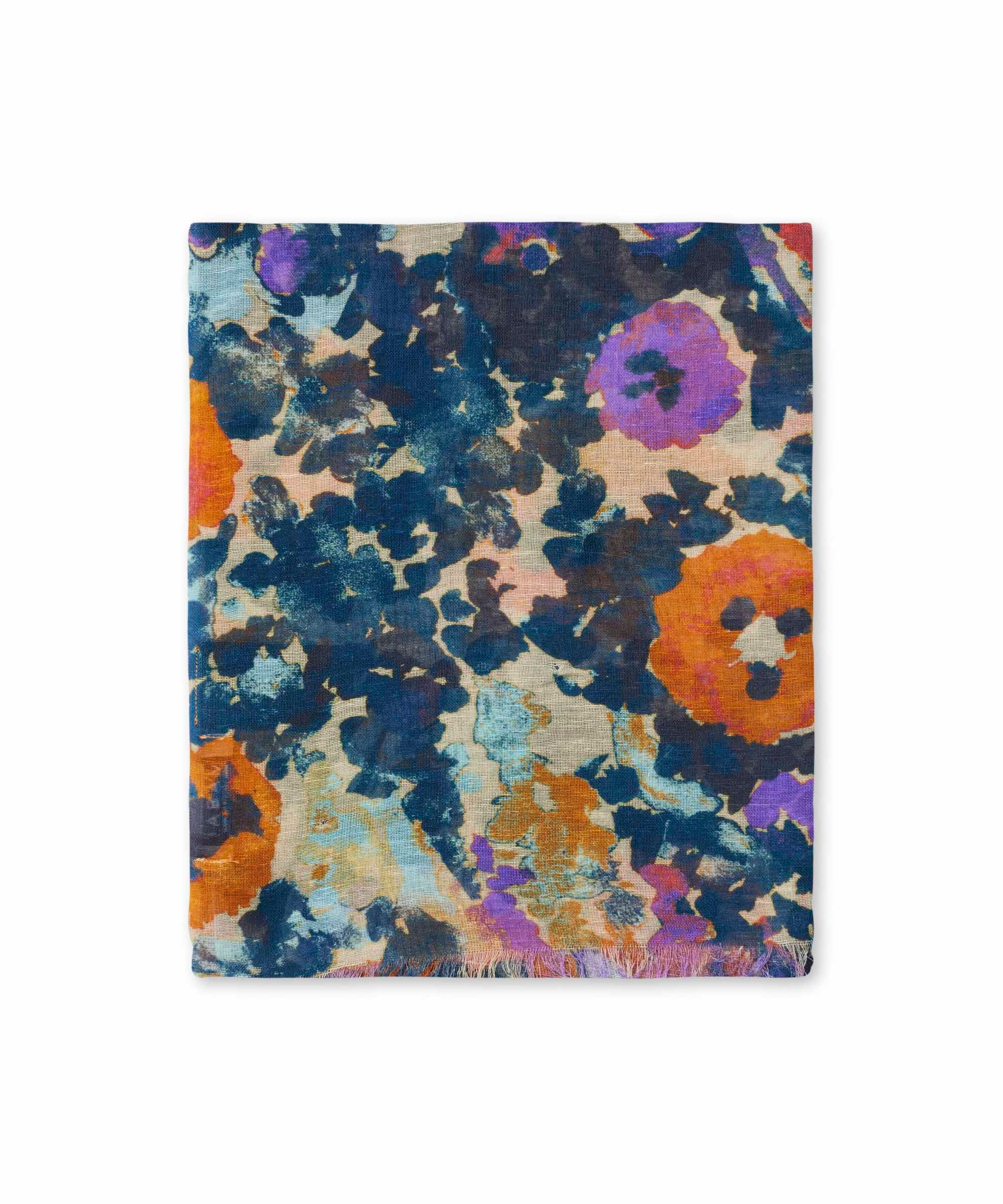 Abstract floral scarf in teal, orange, purple, and beige.  The scarf has a fringed edge.