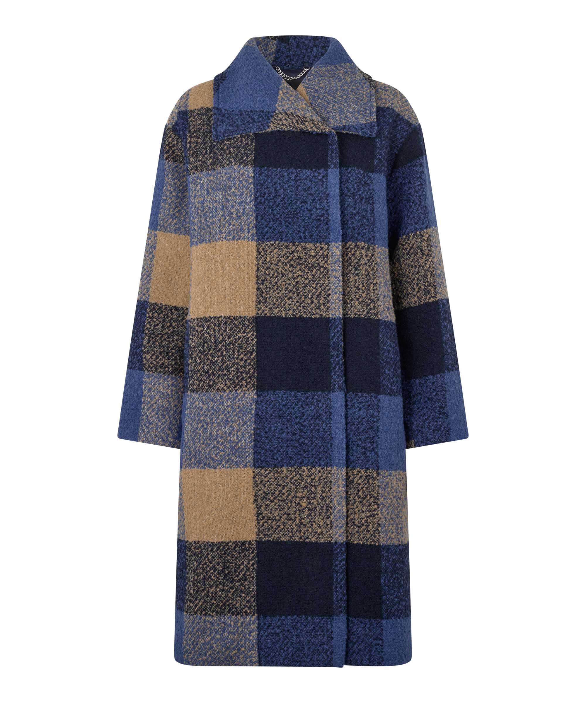 Plaid coat with blue, brown, and gray pattern on a white background
