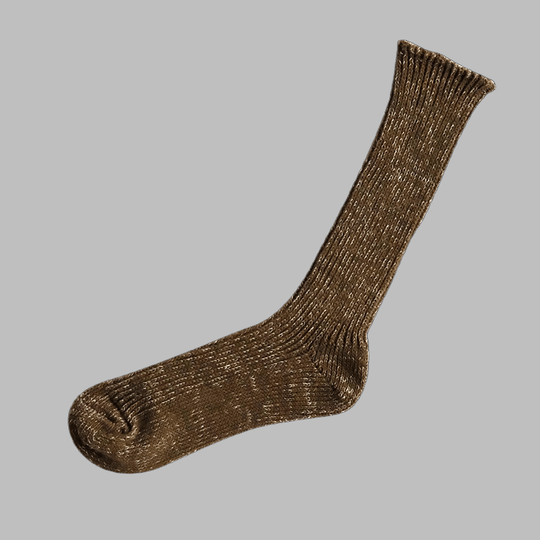 Brown ribbed knit sock, shown lying on its side.