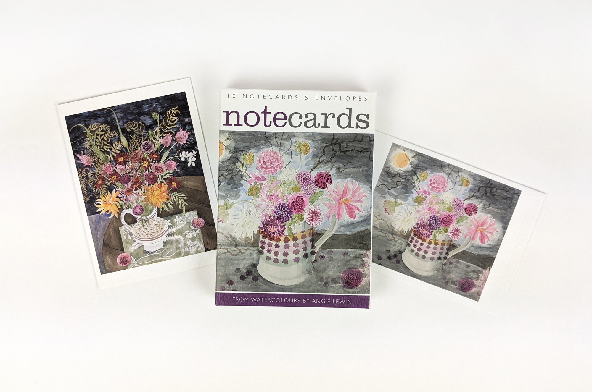 Set of 10 notecards and envelopes featuring watercolor paintings of dahlias and other flowers in a patterned mug.