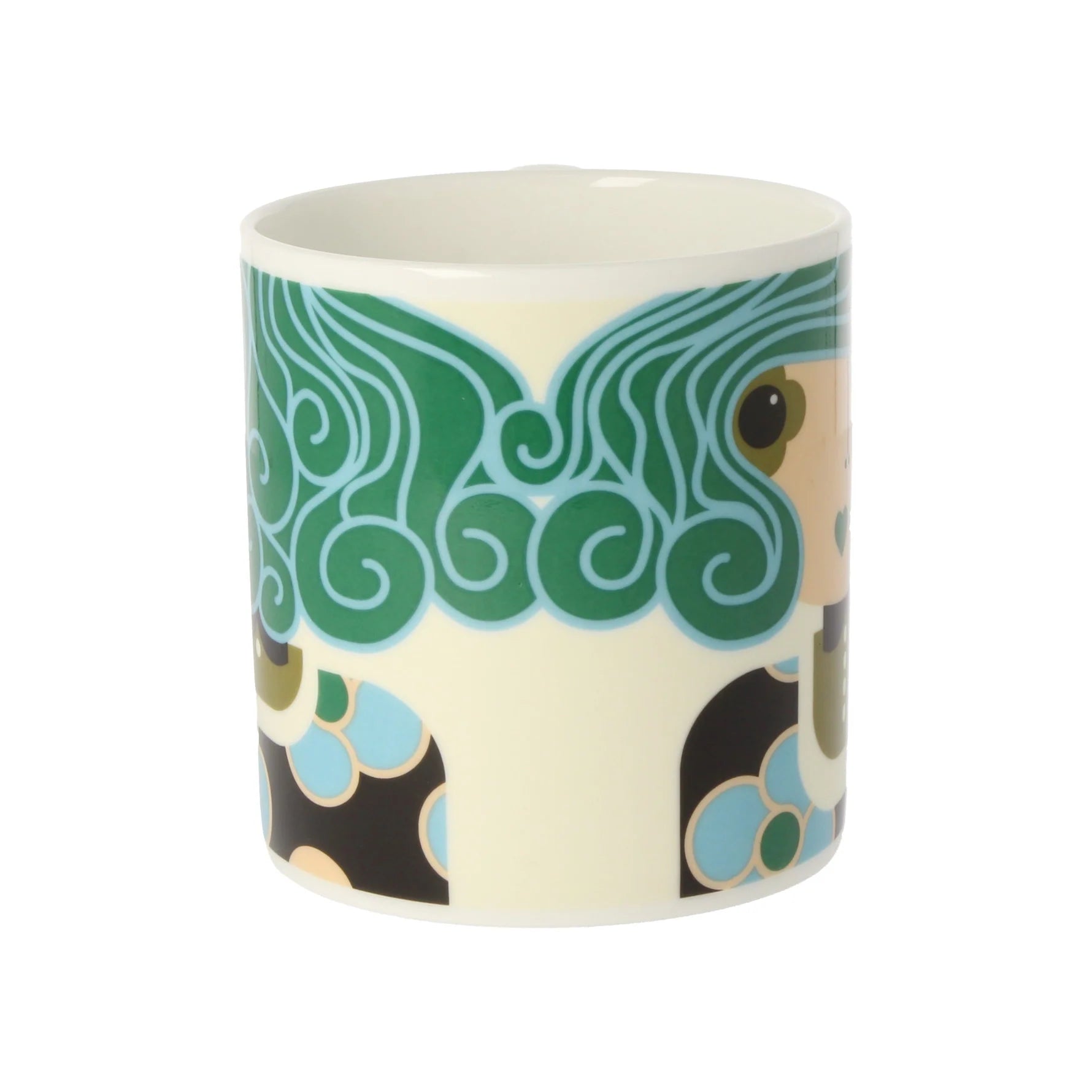 Ceramic mug with a decorative green and black pattern on a white background