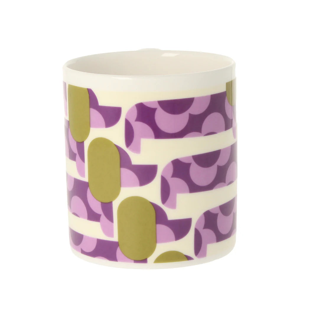 Cylindrical container with purple and green abstract pattern on a white background