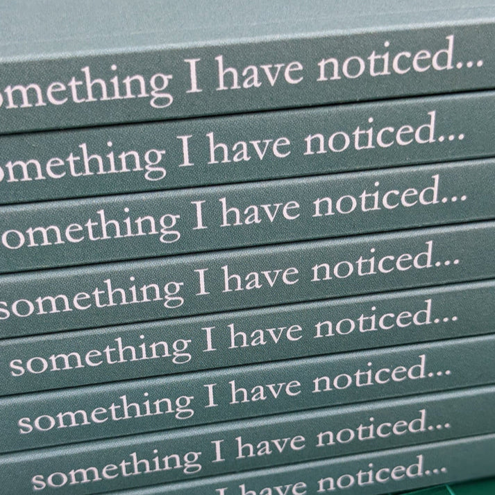 Stack of teal hardcover books with the phrase "something I have noticed..." printed on each spine.
