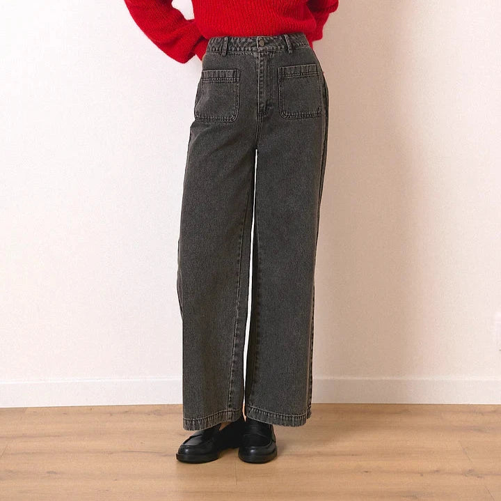 Dark gray wide-leg jeans with front patch pockets.