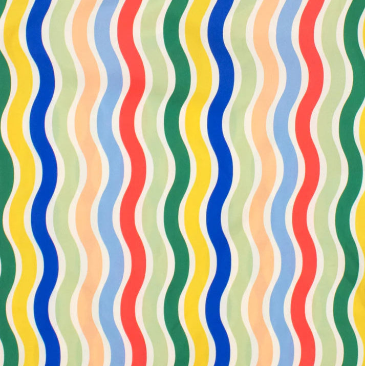 Fabric with wavy vertical stripes in various colors, including blue, red, yellow, and green.
