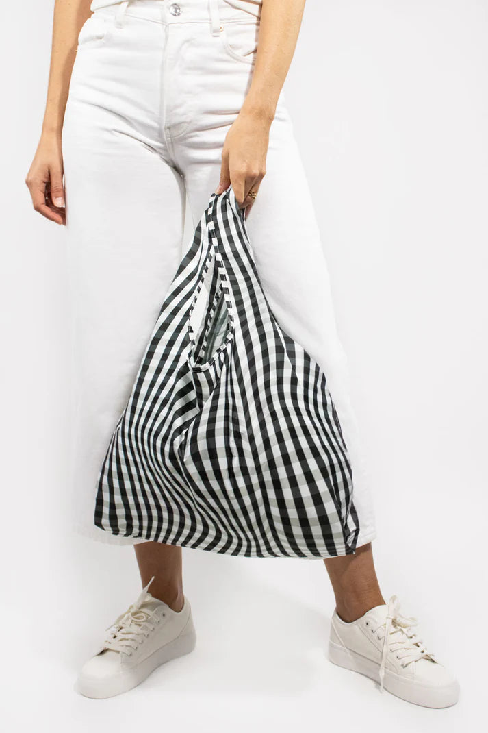 Black and white gingham reusable shopping bag.