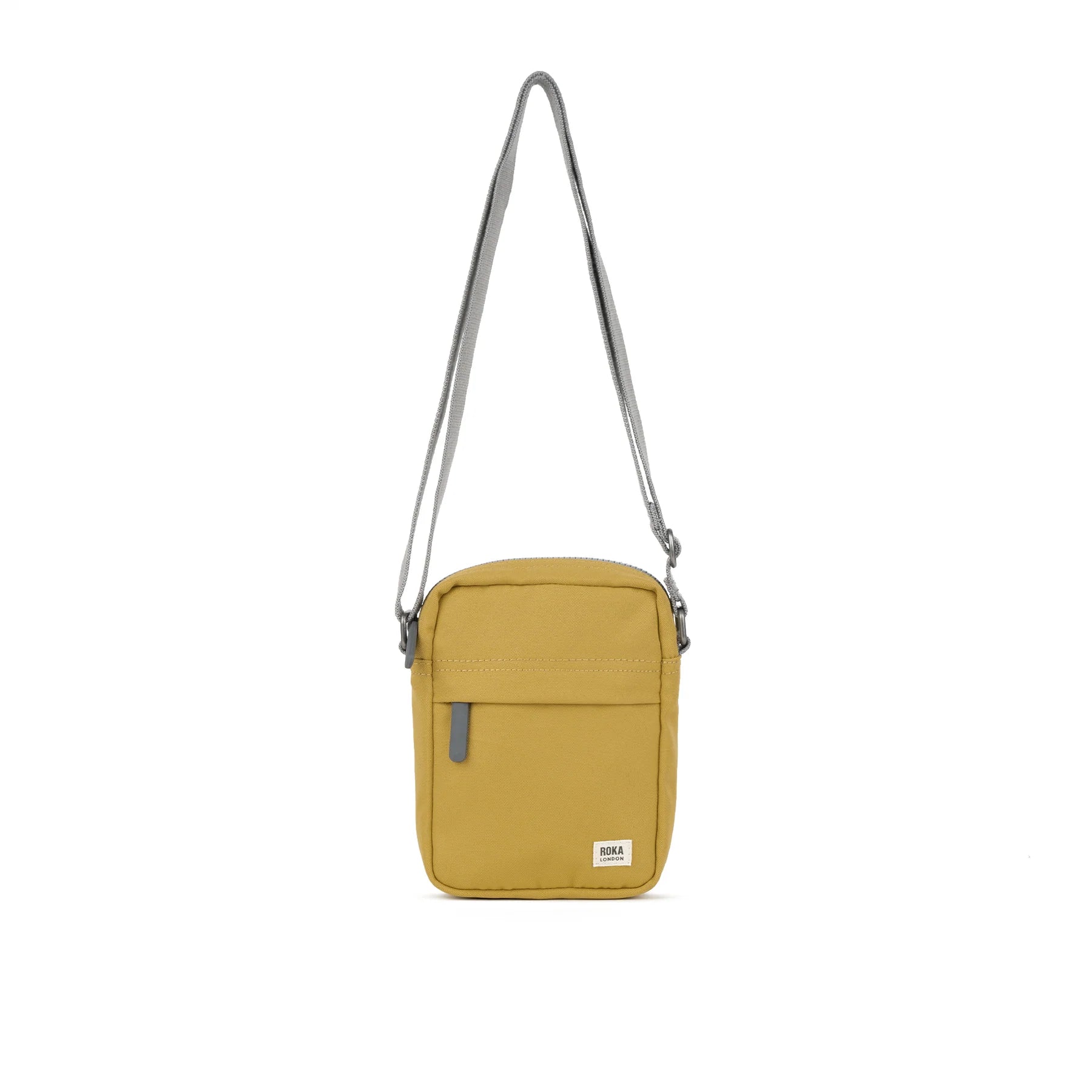 Mustard yellow crossbody bag with gray straps and a small front pocket.