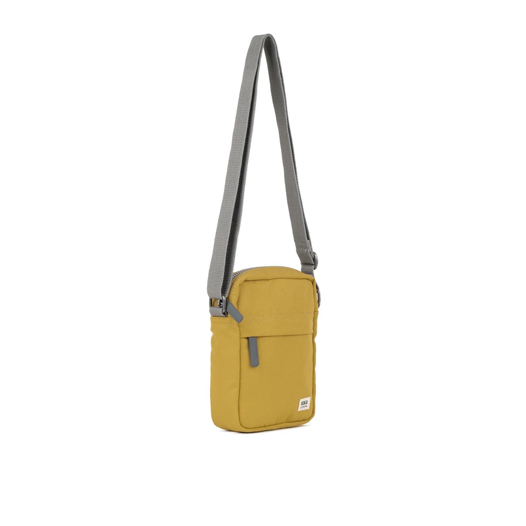 Mustard yellow crossbody bag with gray straps and zipper closure.