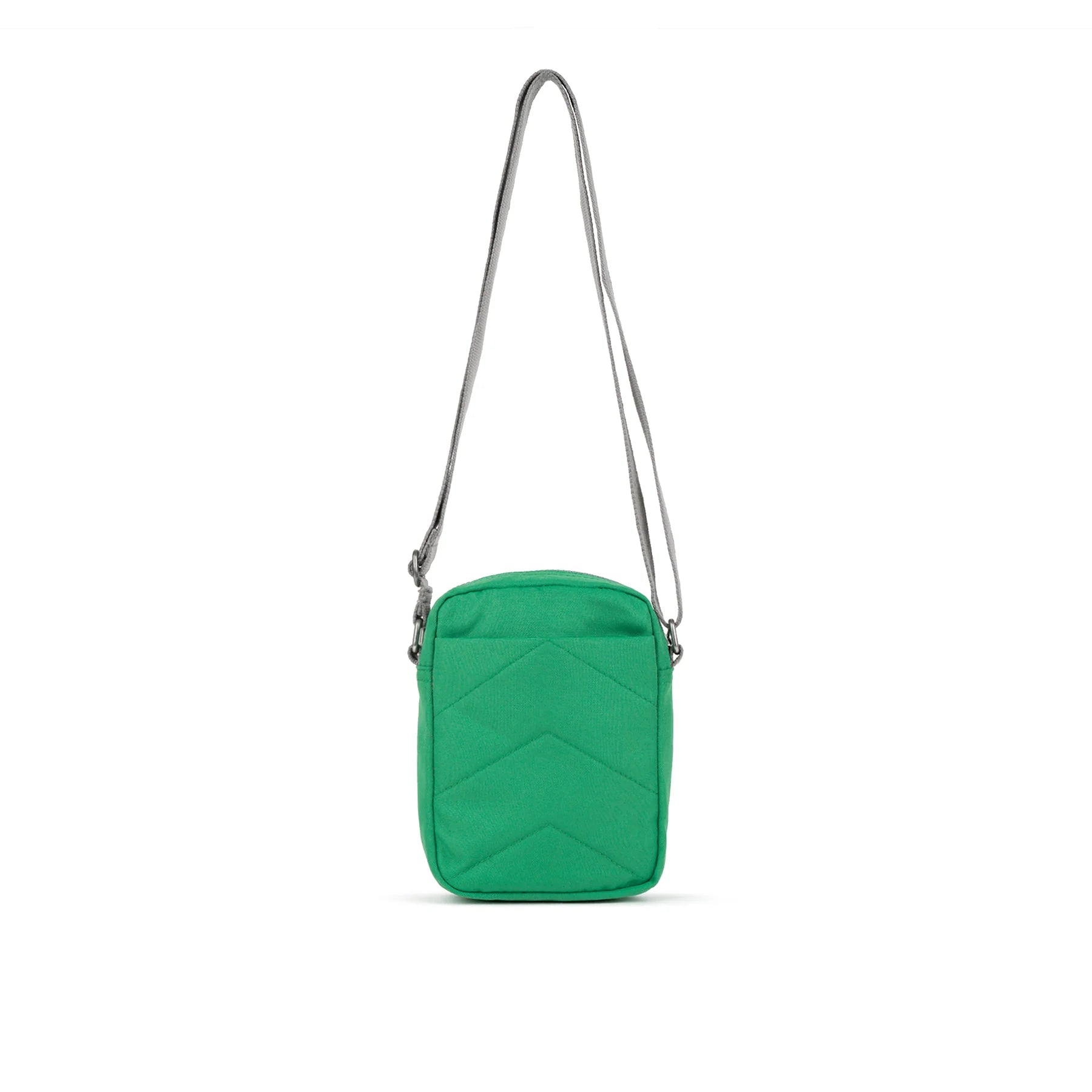 Green quilted crossbody bag with gray shoulder strap.