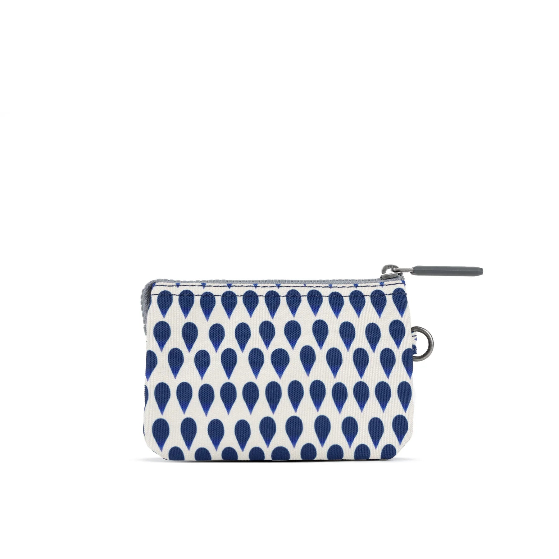ROKA zip pouch featuring a drop pattern in navy blue on a white background, ideal for storing small items.