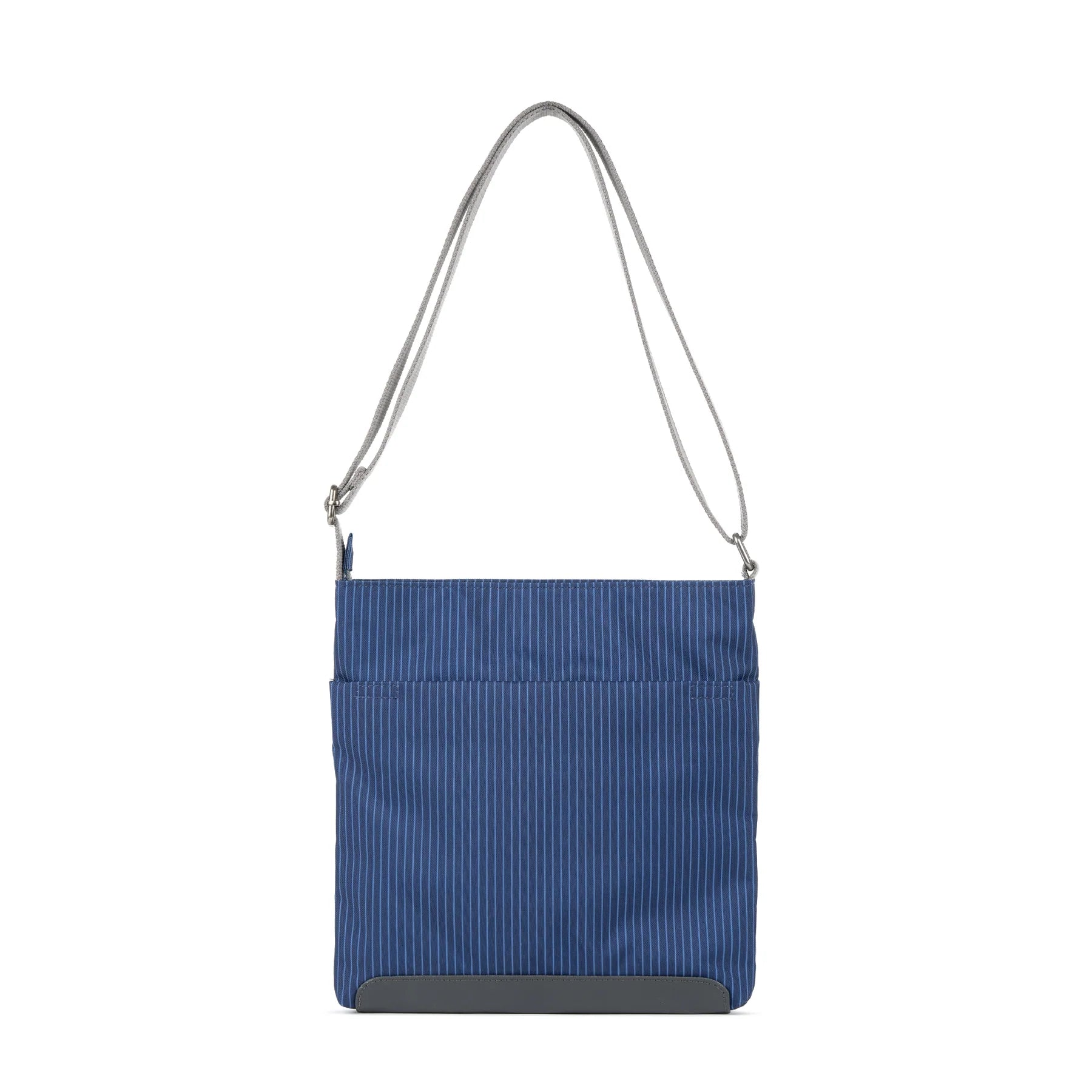 Blue striped shoulder bag with gray straps and a dark gray base.