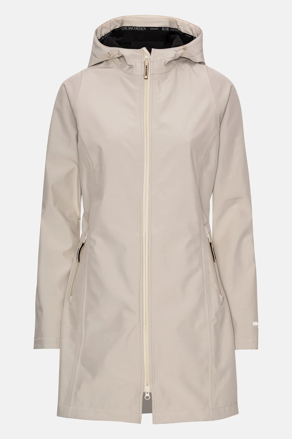 Beige Ilse Jacobsen Softshell hooded coat, long-sleeved, zip front, cream zipper, subtle branding.
