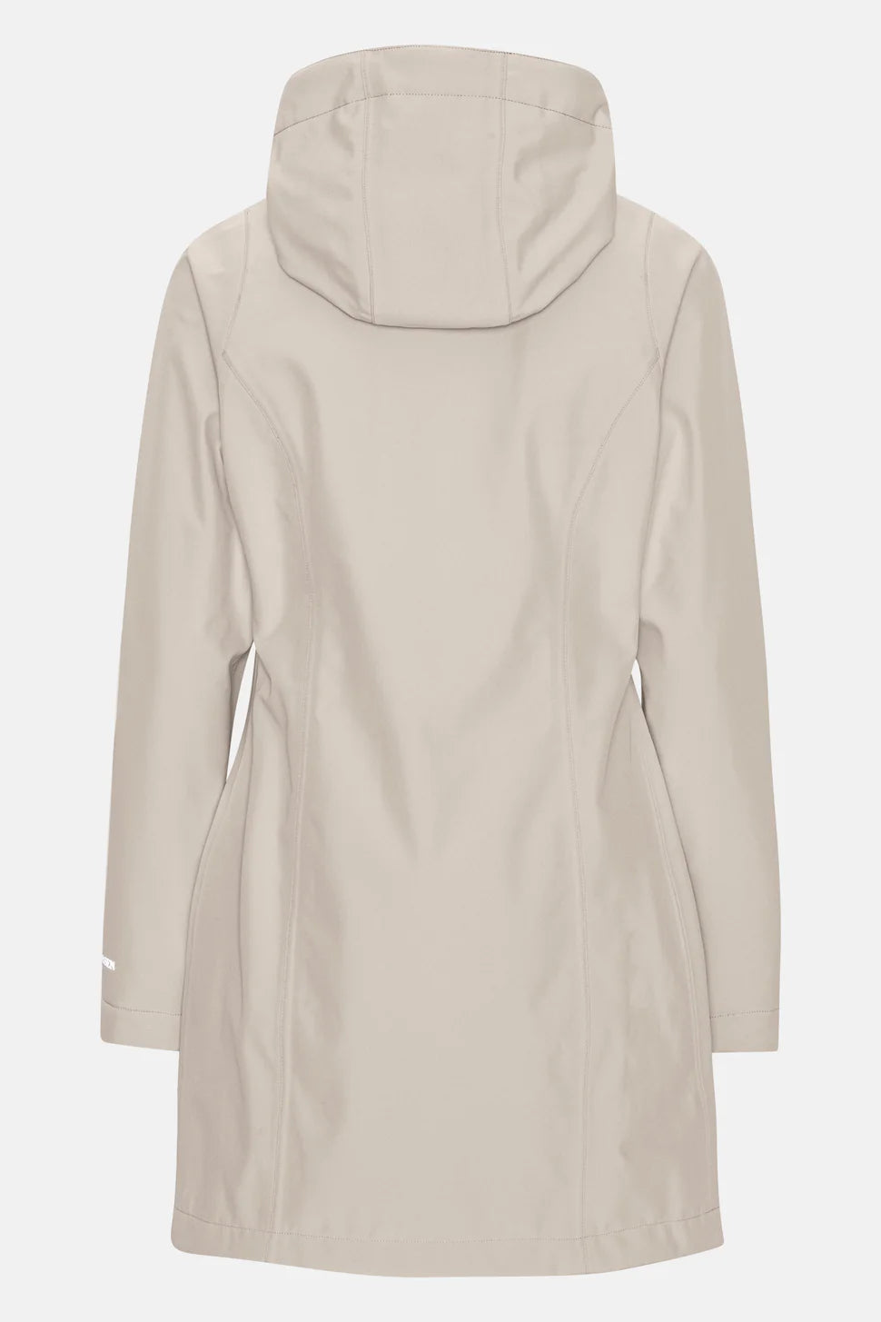 Beige hooded women's softshell coat, rear view, showing smooth, matte texture. Long sleeves, fitted waist.