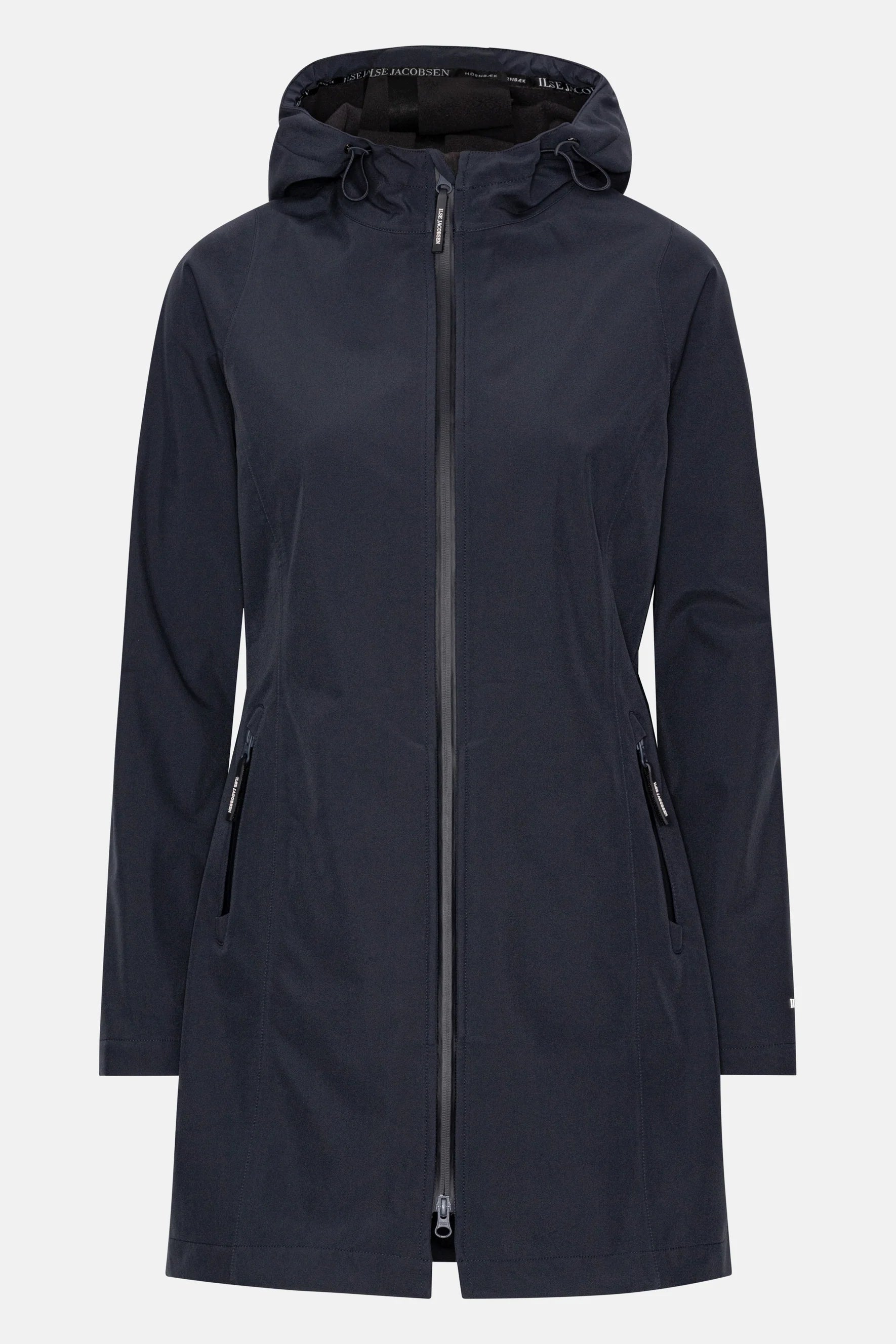 Navy Ilse Jacobsen Hornbæk hooded raincoat; long sleeves, zip front, and side pockets. Smooth, matte fabric.