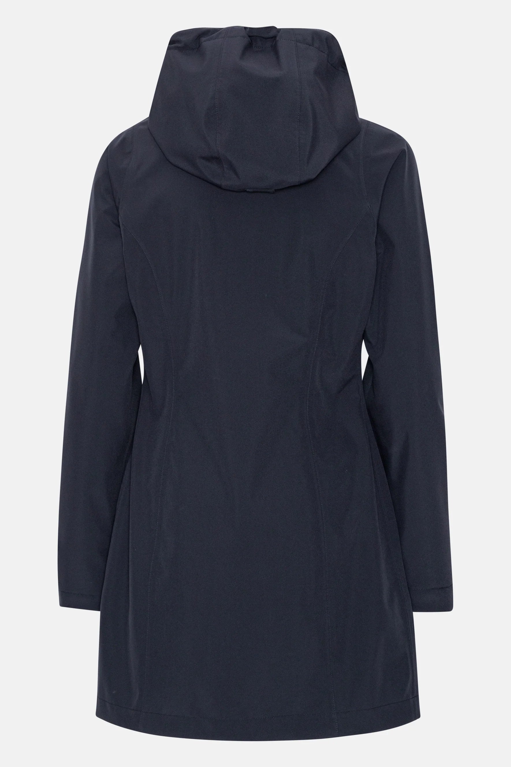 Rear view of a navy blue women's hooded jacket with long sleeves and a slightly A-line silhouette. Smooth, matte fabric.