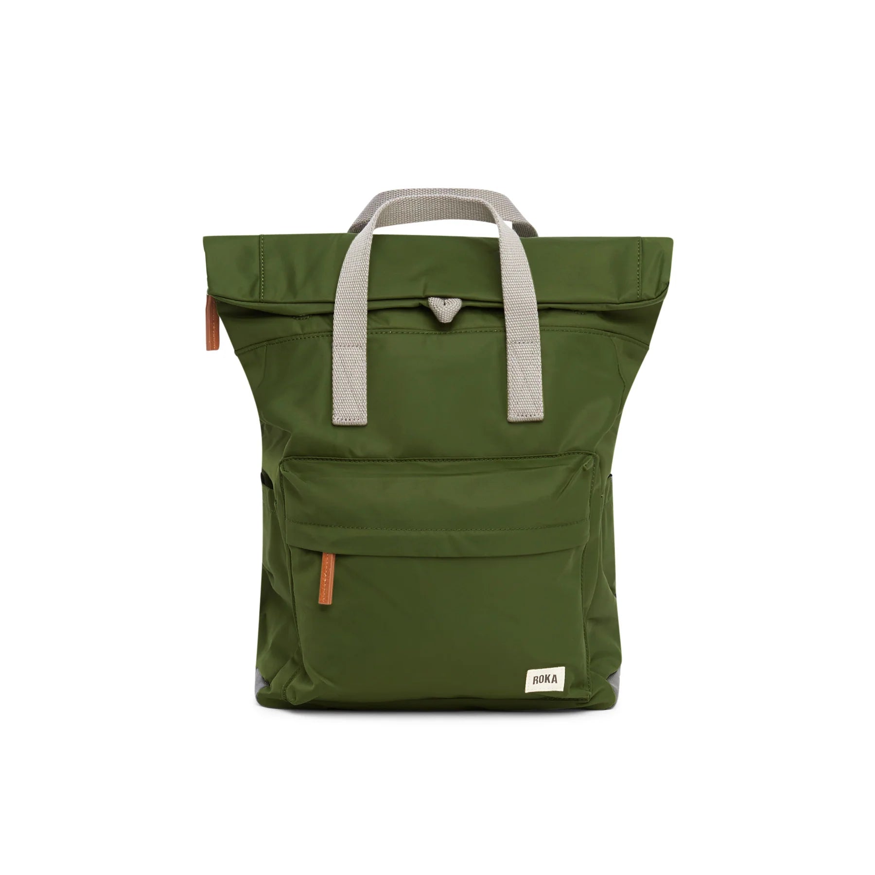 Olive green ROKA backpack with light gray straps and a roll-top closure. Features a front pocket and small leather accents.