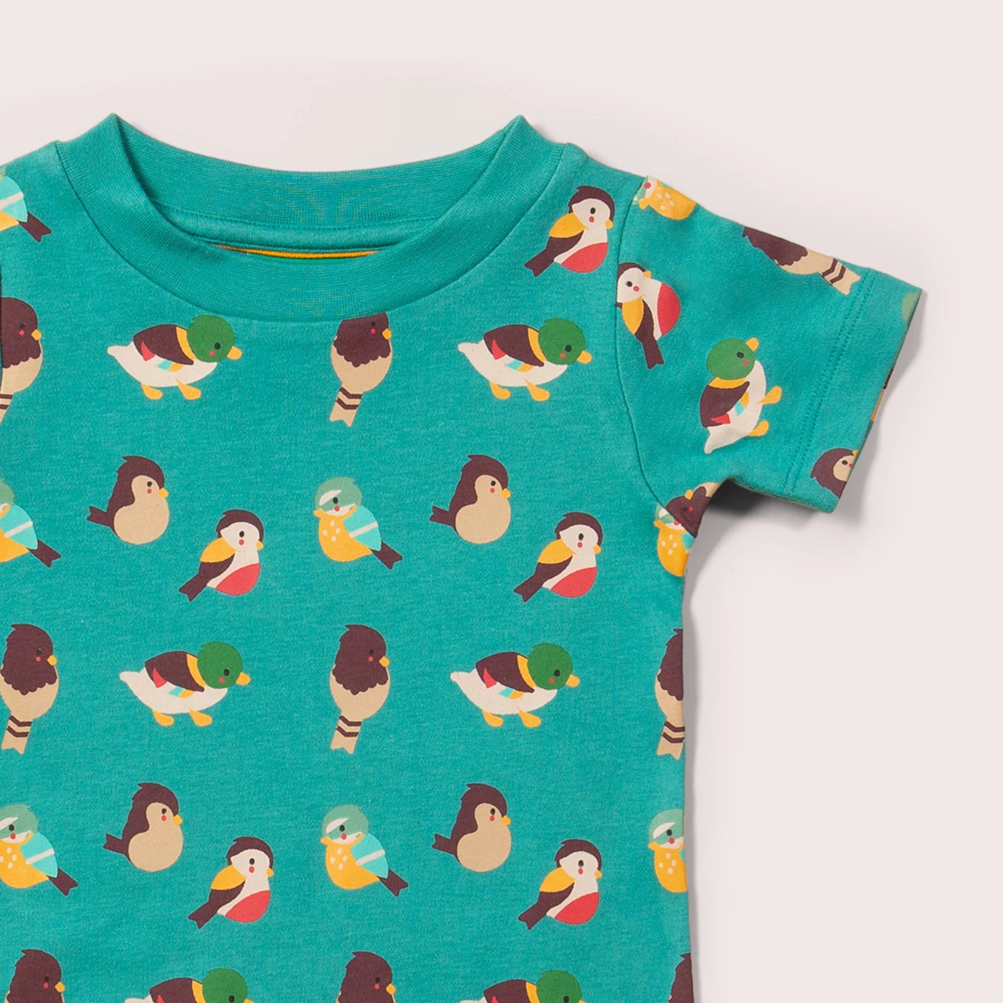 Teal short-sleeved t-shirt featuring a repeating pattern of colorful illustrated birds.