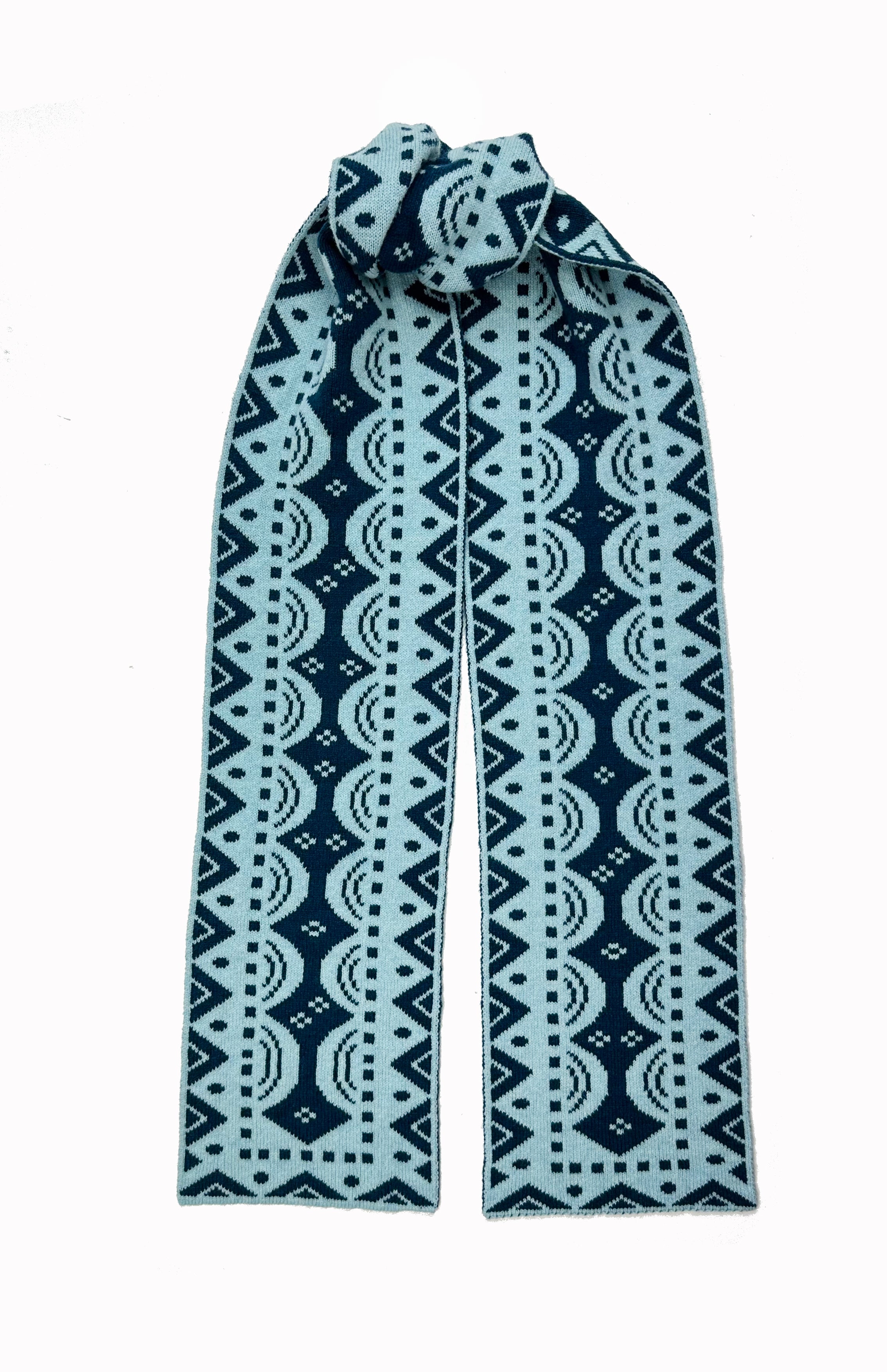 Knitted scarf in teal and light blue, featuring a repeating geometric pattern.